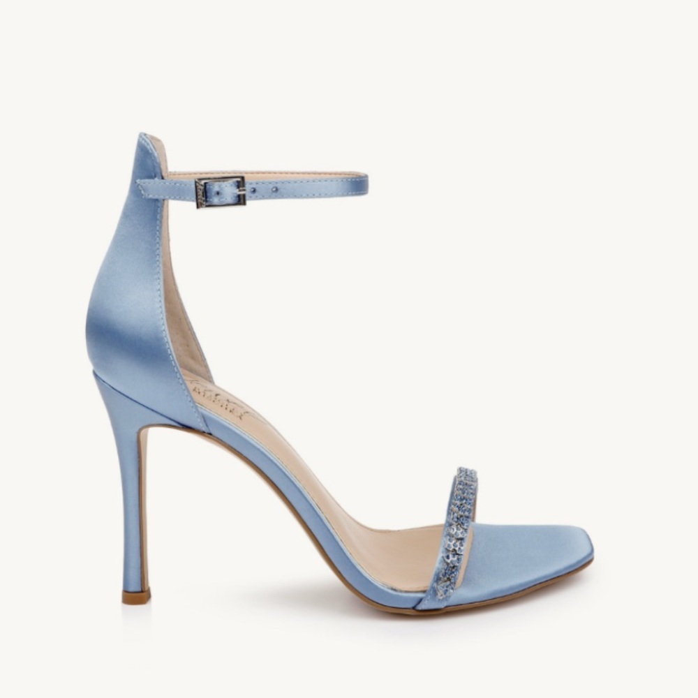JEWEL BADGLEY MISCHKA ADRIANNE TWO PIECE STILETTO EVENING SANDALS STEEL BLUE 9